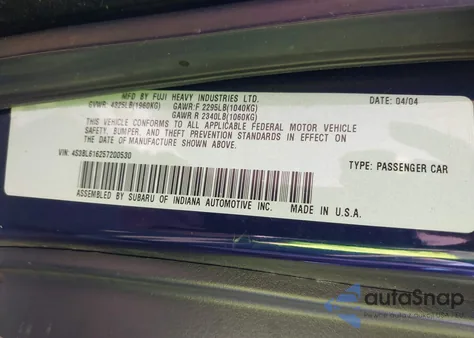 2005 Subaru Legacy 2.5I from USA, damaged, VIN 4S3BL616257200530